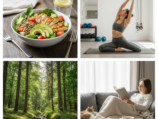 Plato saludable, persona haciendo ejercicio, entorno verde y descanso Plato saludable, persona haciendo ejercicio, entorno verde y descanso