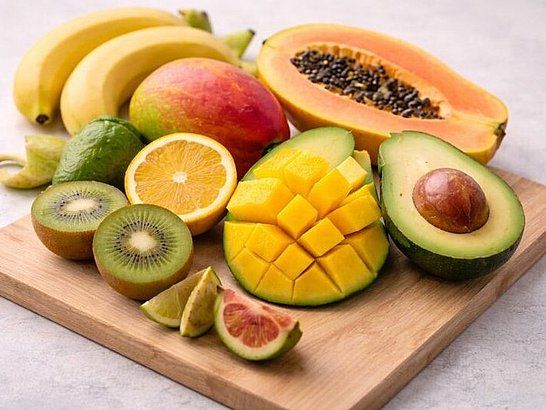 Kiwi, mango, papaya y aguacate cortados sobre tabla de cocina