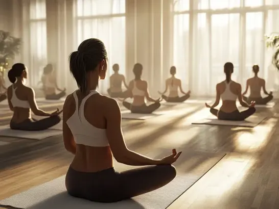 Un grupo de personas practicando yoga en un estudio, con ventanas cerradas y ambiente limpio