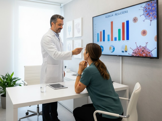 Consulta médica: alergólogo con bata blanca mostrando resultados en pantalla a un paciente