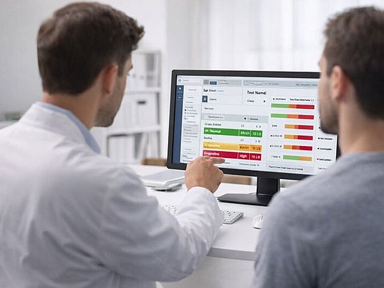 En consulta médica: alergólogo mostrando resultados en pantalla al paciente