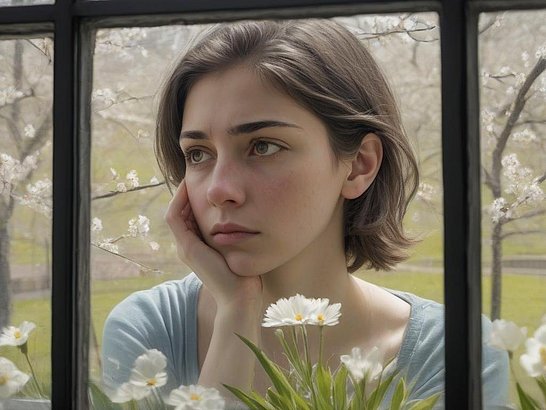 Persona mirando por la ventana en primavera, con rostro triste, viendo a otras personas disfrutando al aire libre.