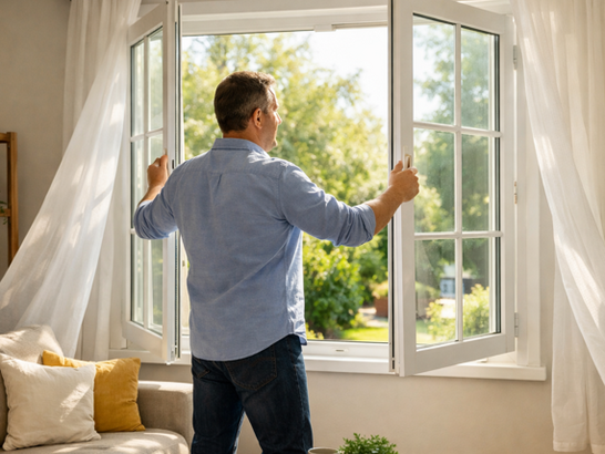 Una persona en casa cerca de una ventana con polvo visible en suspensión iluminado por la luz natural Una persona en casa cerca de una ventana con polvo visible en suspensión iluminado por la luz natural